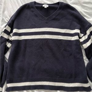 Le Lis Dark Blue and White V-Neck Sweater